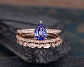 Art Deco Pear Shaped Tanzanite Engagement Ring Rose Gold Bridal Set Solitaire Diamond Eternity Anniversary Women Retro Promise Custom