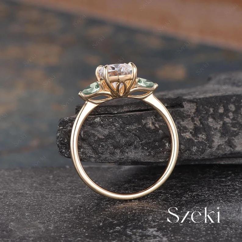 Vintage Oval Moissanite Lotus Engagement Ring Yellow Gold Pear Cut Green Sapphire Ring Three Stone Ring Lotus Flower Ring Promise Ring