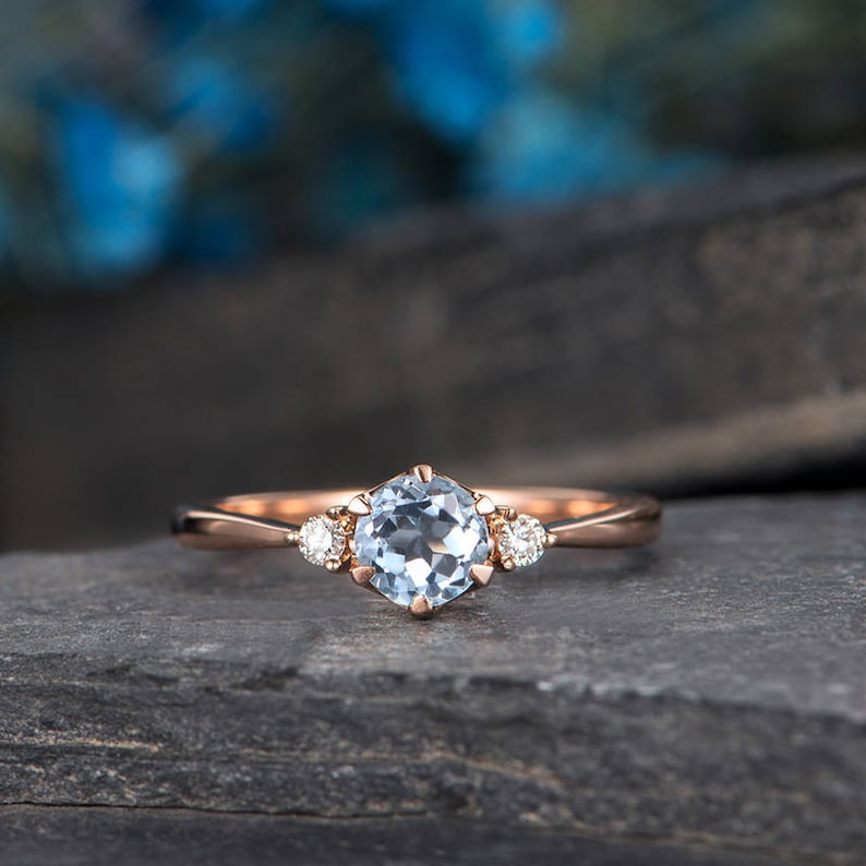 Aquamarine Engagement Ring Rose Gold 3 Stone Ring Diamond Thin Minimalist Birthstone March Promise Ring Anniversary Bridal Half Eternity image 1