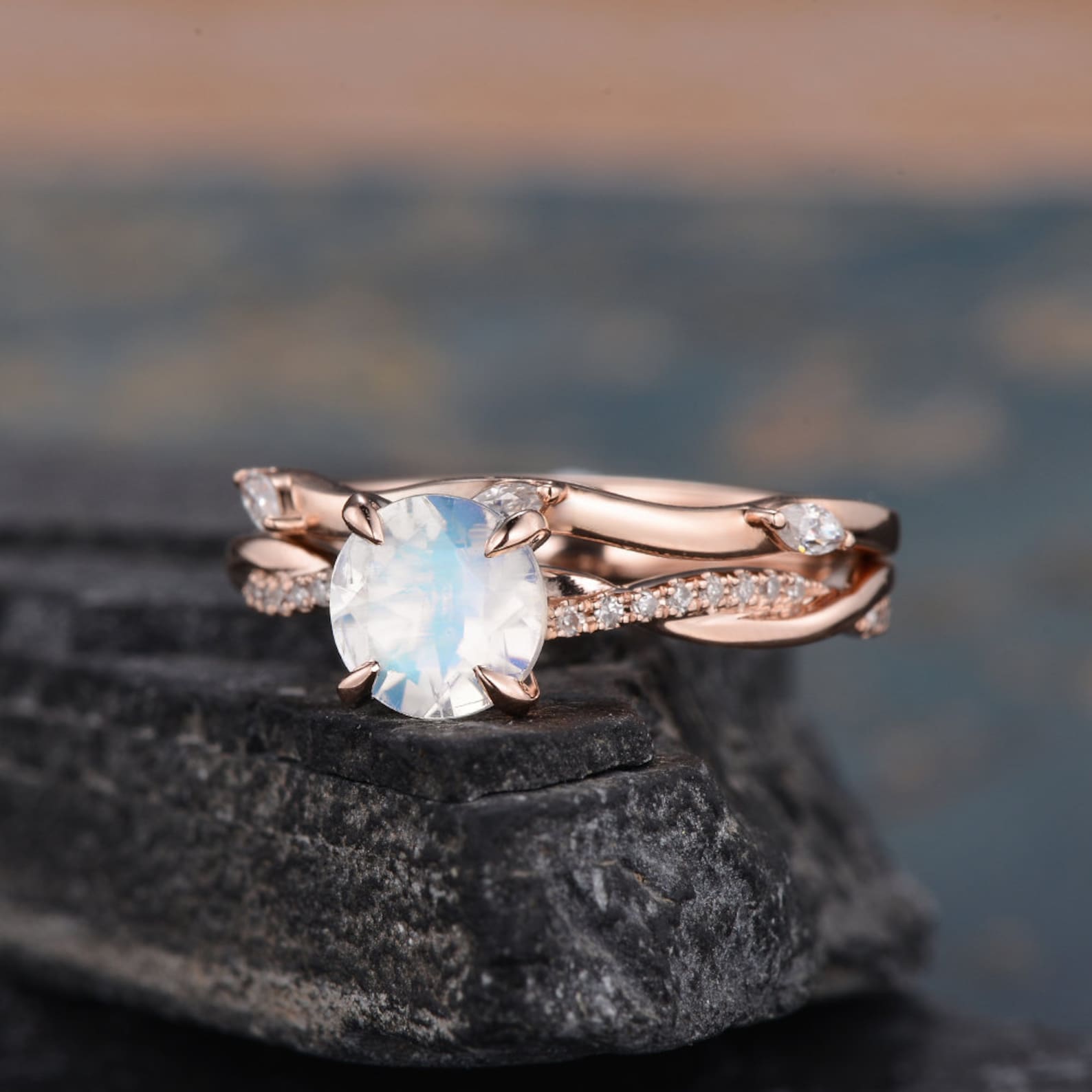 7mm Rose Gold Moonstone Bridal Set Moonstone Engagement Ring Twist