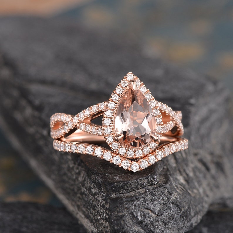 Pear Shaped Morganite Engagement Ring Set Rose Gold Natural - Etsy