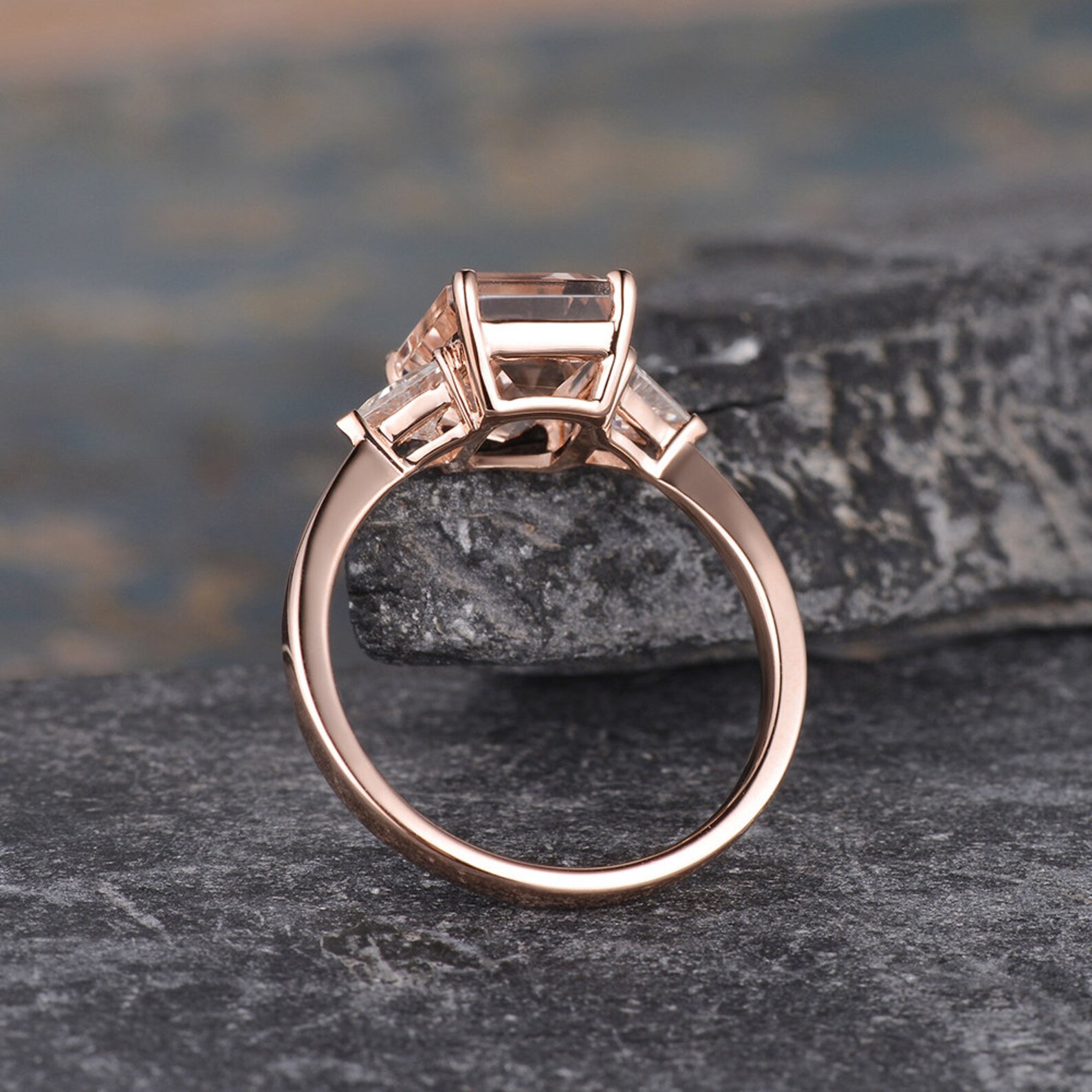 Emerald Cut Morganite Engagement Ring Rose Gold Triangle - Etsy