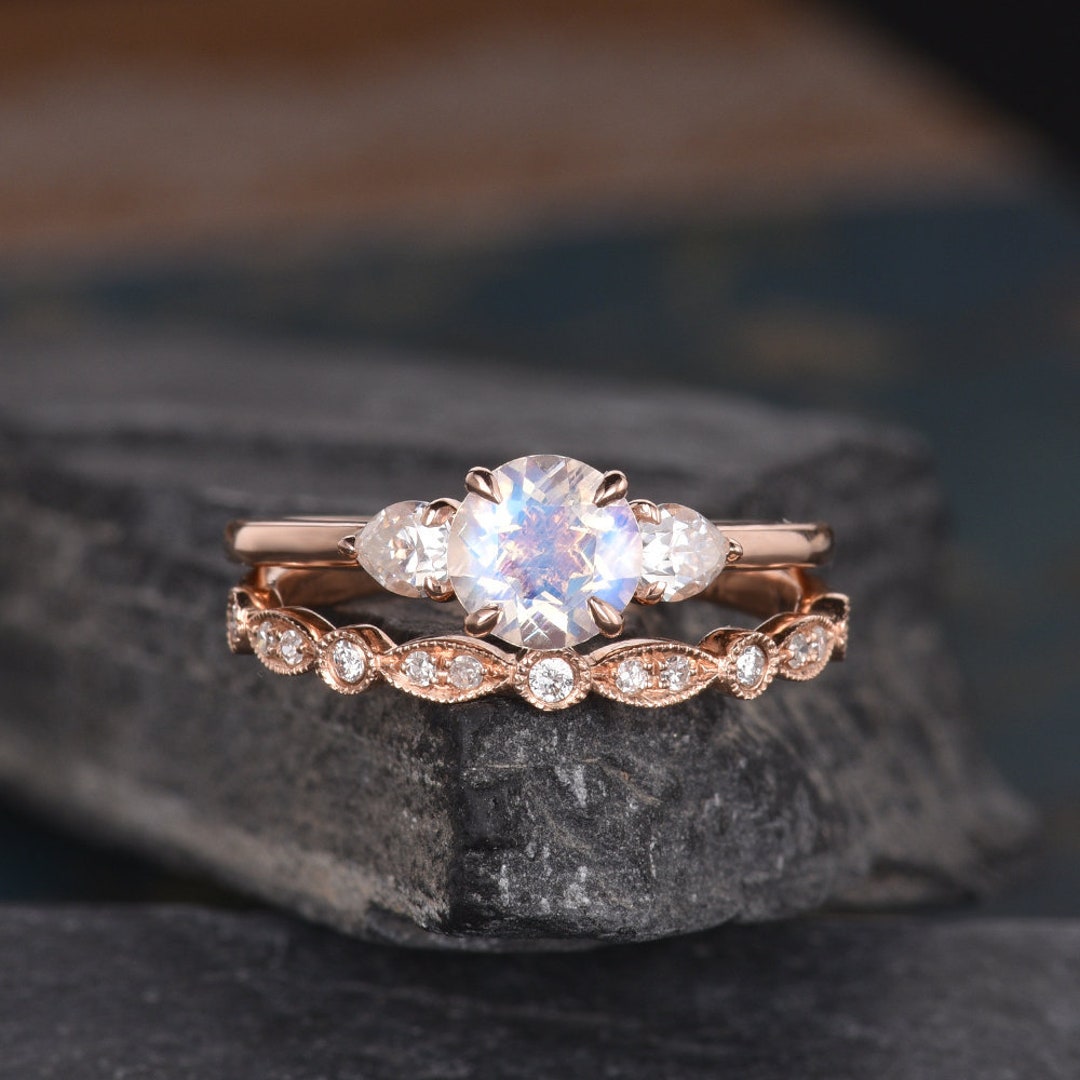 Rose Gold Moonstone Engagement Ring Bridal Set Moissanite - Etsy