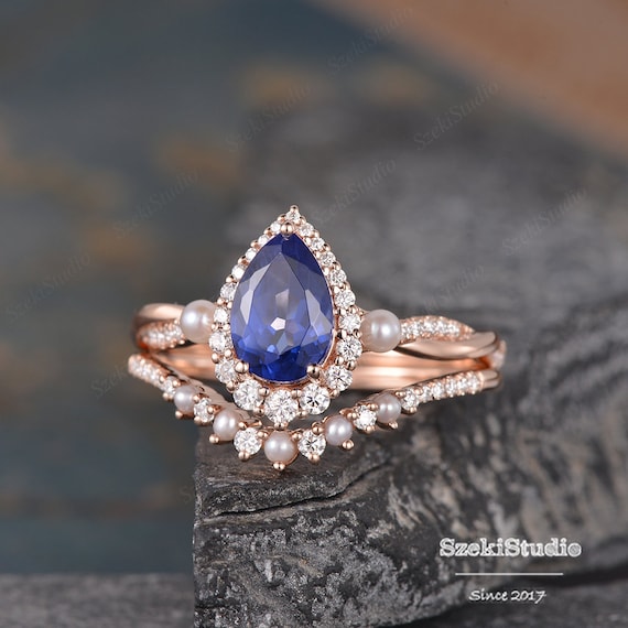 Teardrop Aqua Blue Sapphire Ring Pearl Sapphire Engagement Ring