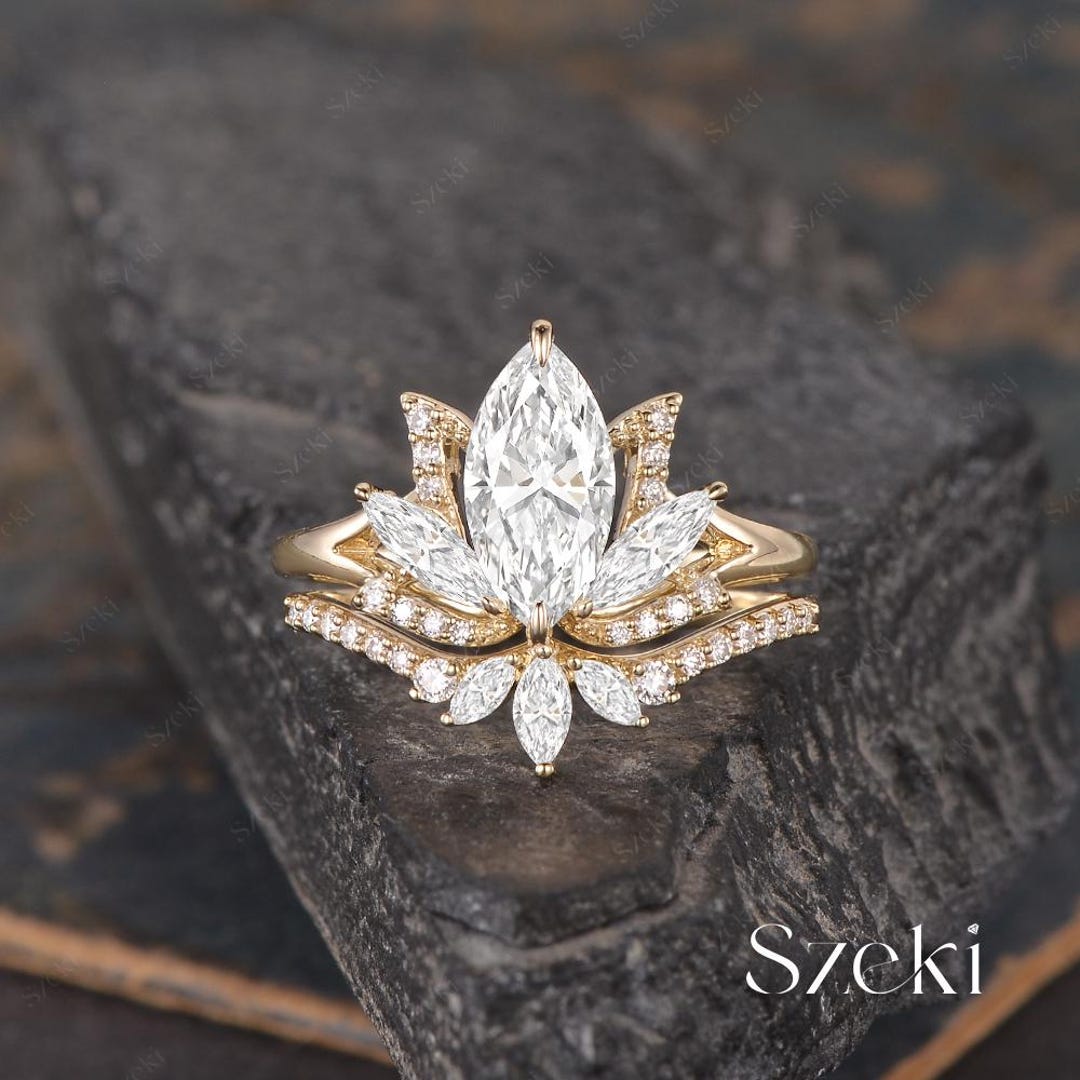 Unique Marquise Cut Lab Diamond Engagement Ring Set Yellow Gold Nature ...