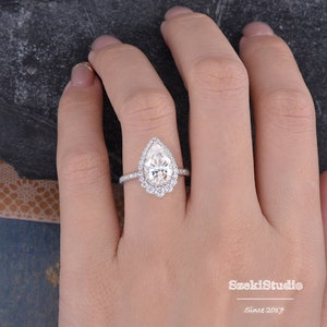 Carat Choice Pear Cut Moissanite Engagement Ring Halo Vintage White Gold Tear Drop Ring Clusters Ring Art Deco Gift For Her Precious Gift image 3