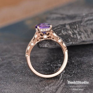 Amethyst Peekaboo Ring Solitaire Engagement Ring Rose Gold Art Deco Wedding Bridal Ring Vintage Cathedral Setting Antique Filigree Milgrain