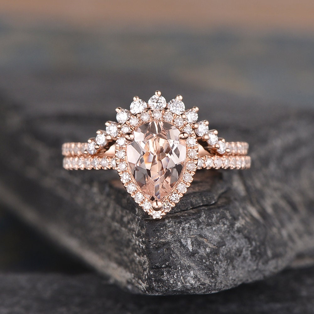 6x8mm Pear Shaped Morganite Bridal Set Rose Gold Engagement | Etsy