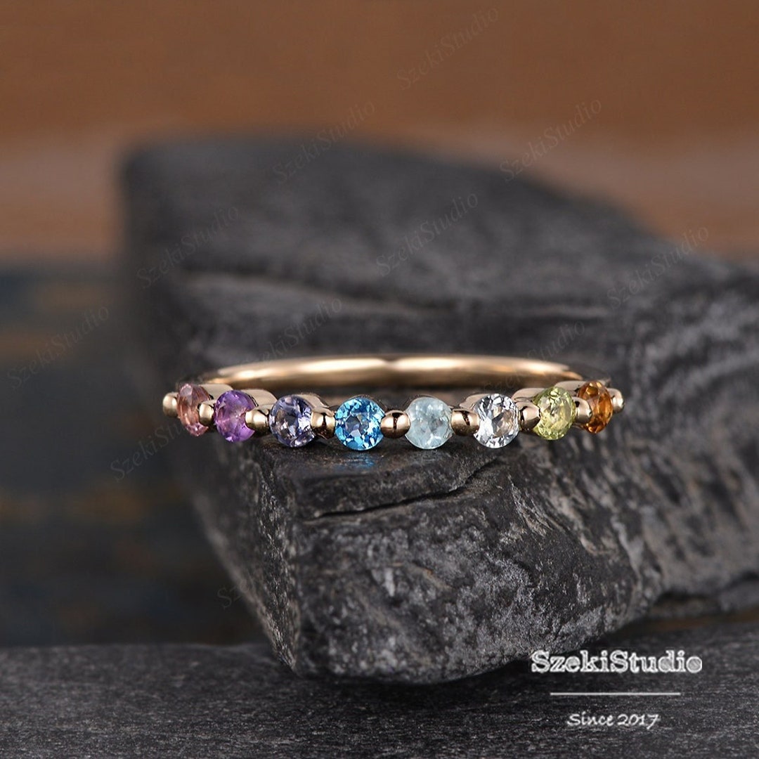 Rainbow Sapphire Wedding Band Women Colorful Gemstone Ring Birthstone ...