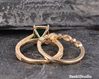 ドレスアドレス プリンセスリング エメラルド 12号 18金 Art Deco Emerald Engagement Ring Set Engraved Milgrain Band