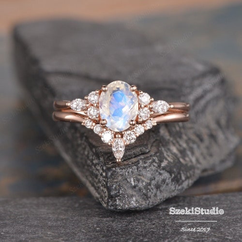 Oval Moissanite Engagement Ring Set Vintage Unique Rose Gold - Etsy