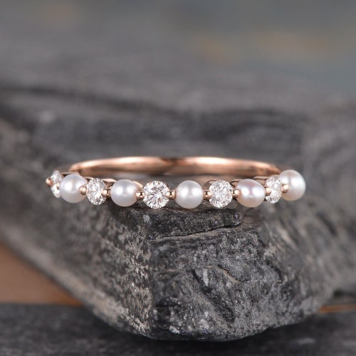 Pearl Diamond Wedding Band Women Rose Gold Pearl Matching Band Akoya Pearl Ring Half Eternity Delicate Stack Ring Dainty Bridal Gift