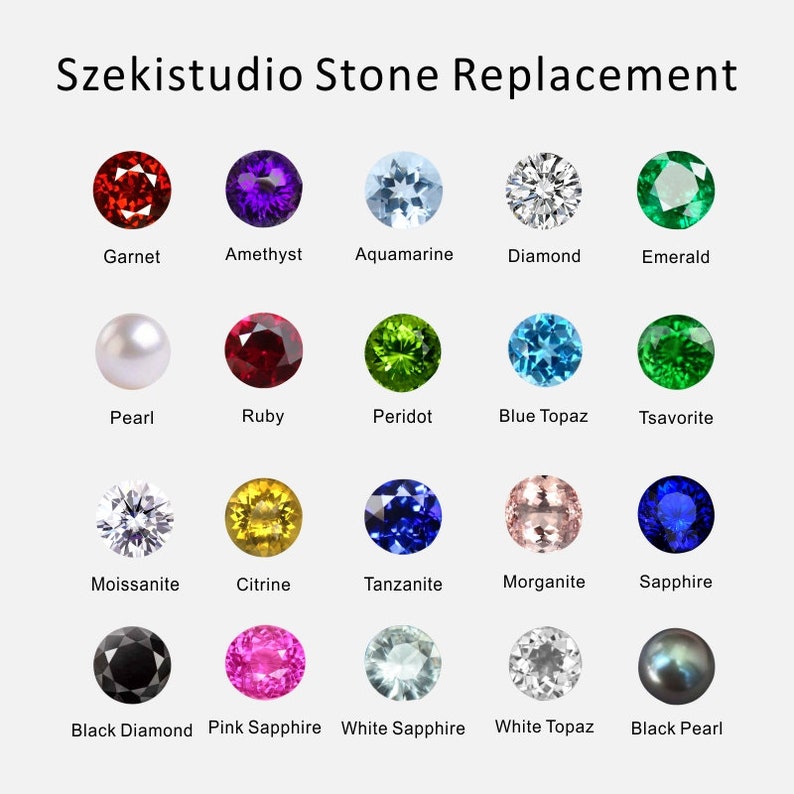 Pu&ograve; includere: Un grafico che mostra diversi tipi di pietre preziose e perle, tra cui granato, ametista, acquamarina, diamante, smeraldo, perla, rubino, peridoto, topazio blu, tsavorite, moissanite, citrino, tanzanite, morganite, zaffiro, diamante nero, zaffiro rosa, zaffiro bianco, topazio bianco e perla nera.