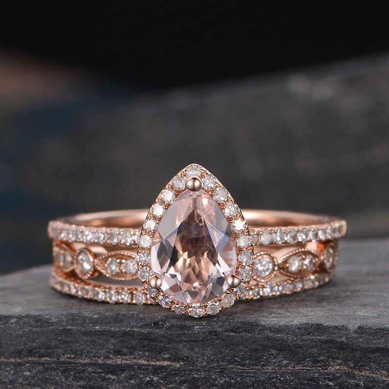 Pear Shaped Engagement Ring Bridal Set Rose Gold