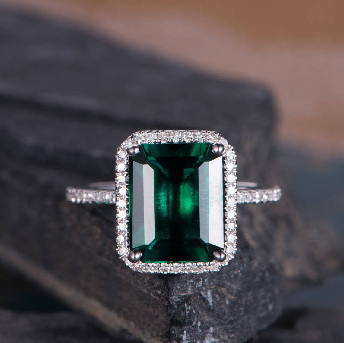 Lab Emerald Engagement Ring White Gold Emerald Cut Halo 14K WHITE GOLD