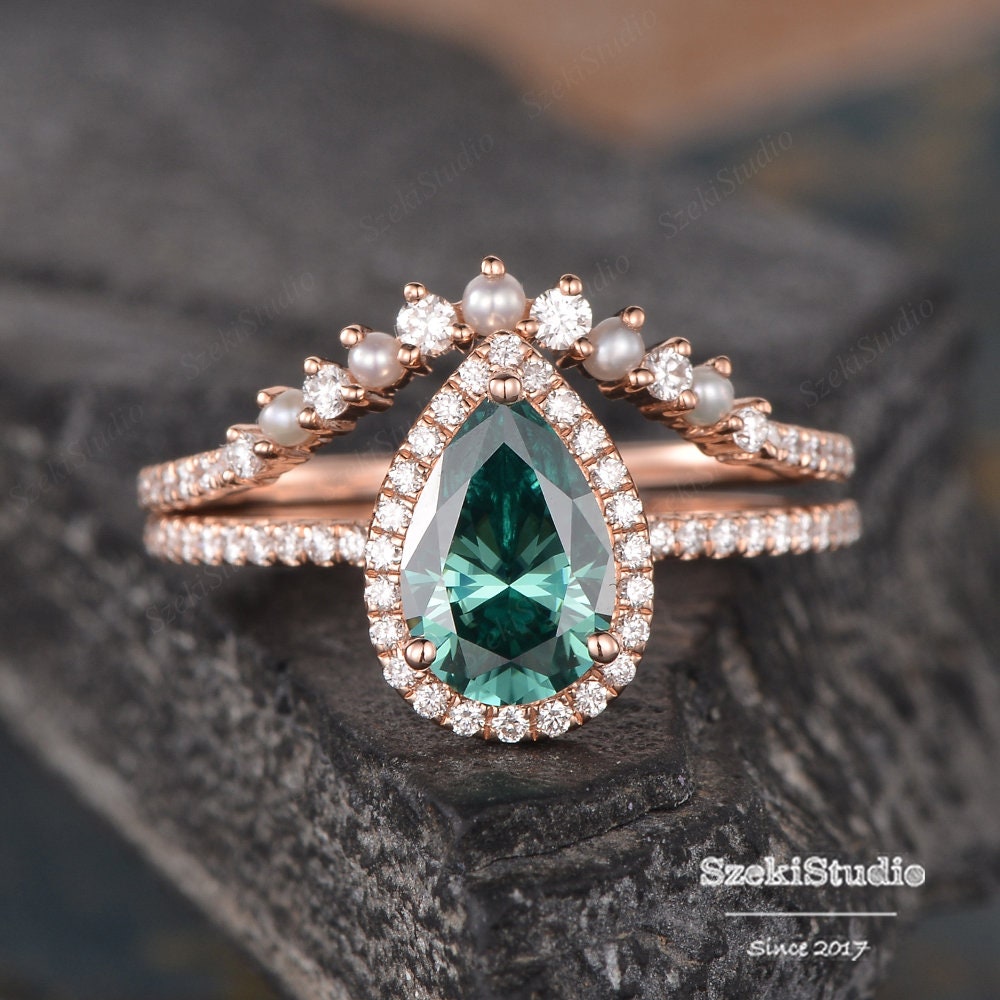Dark Green Moissanite Engagement Ring Set Bridal Set Rose Gold | Etsy