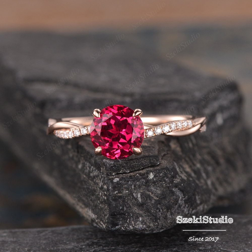Infinity Ruby Engagement Ring Rose Gold Lab Ruby Gold Ring Twist Solitaire Diamond Half Eternity Ring Bridal Women Promise July Birthstone Etsy