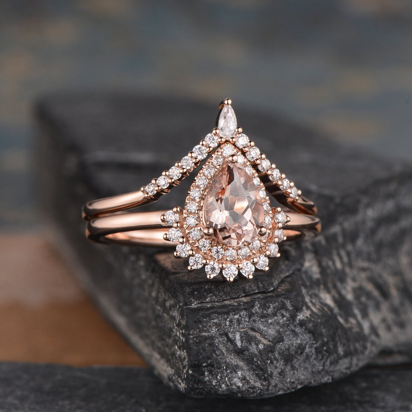 Pear Shaped Engagement Ring Set Rose Gold Bridal Set Etsy