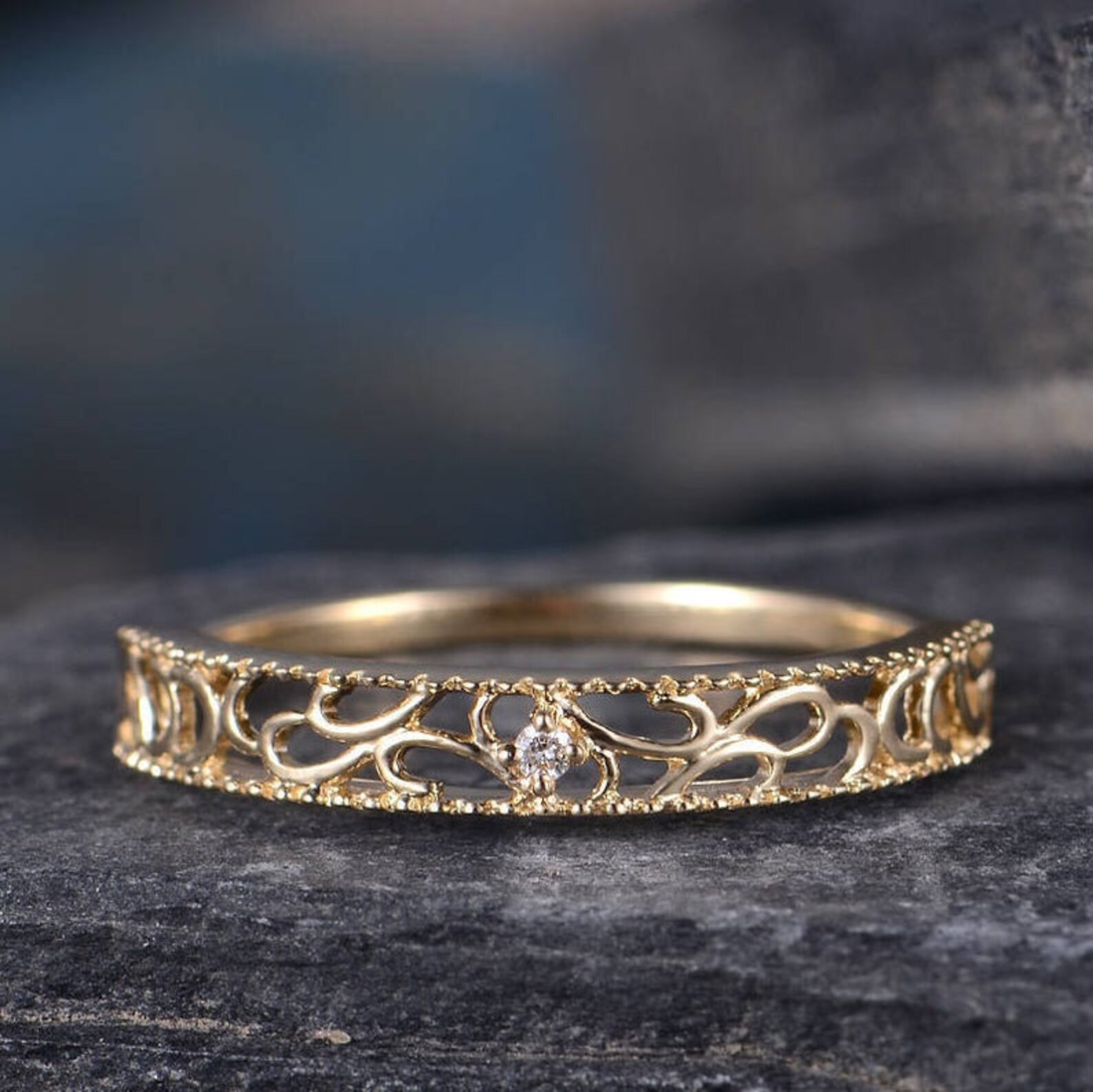 Art Deco Rose Gold Wedding Band Women Unique Ring Diamond Half Etsy