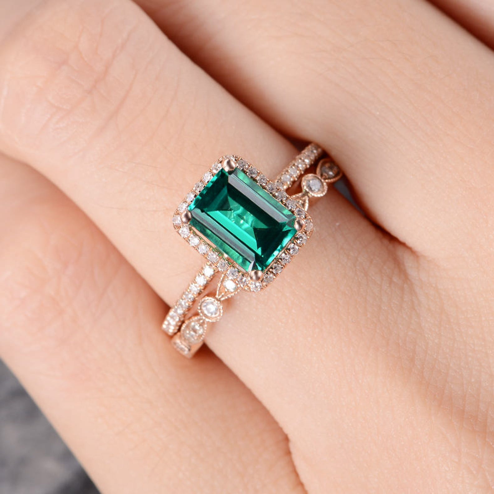 Lab Emerald Engagement Ring Set Rose Gold Bridal Set Halo Etsy