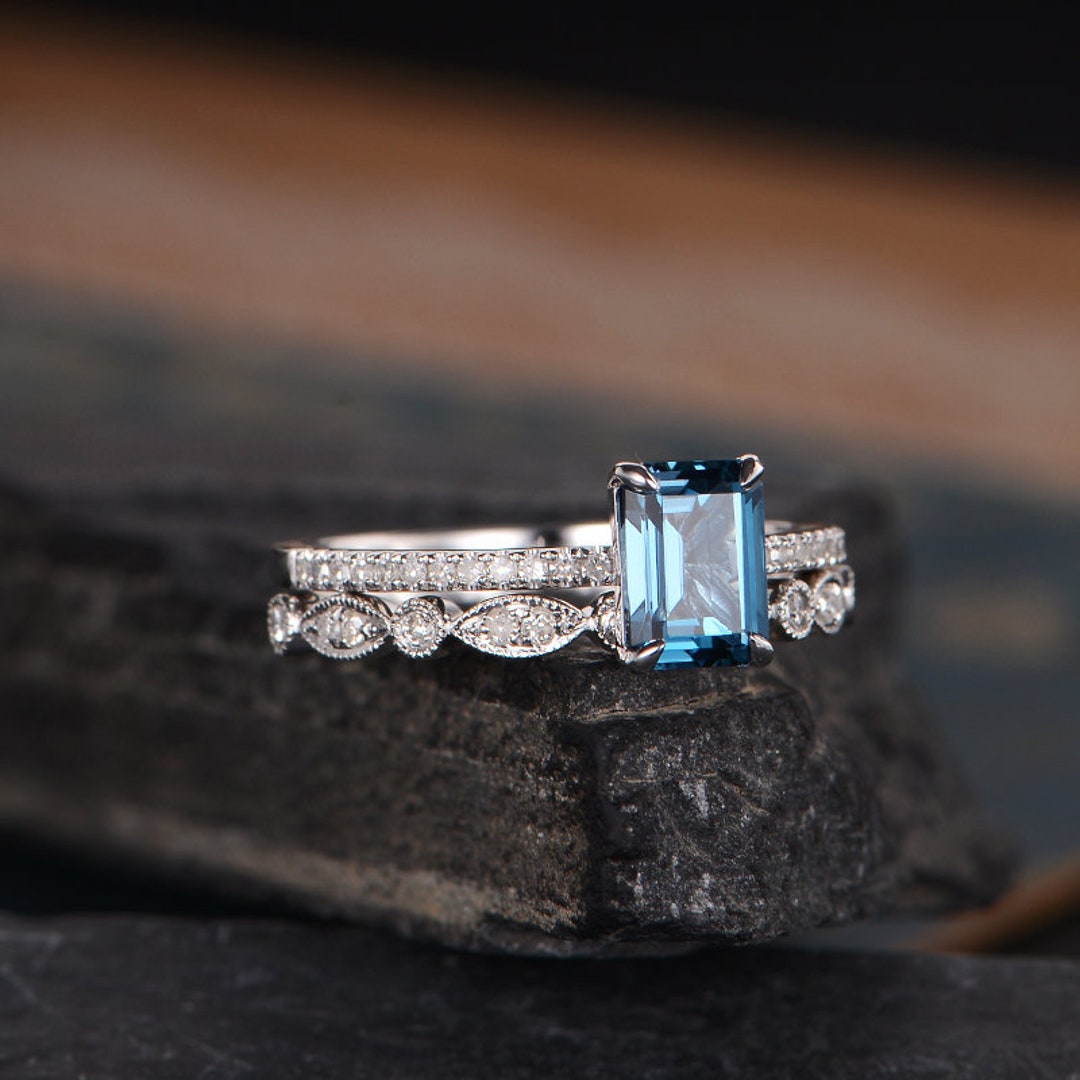 Emerald Cut Solitaire London Blue Topaz Engagement Ring White - Etsy
