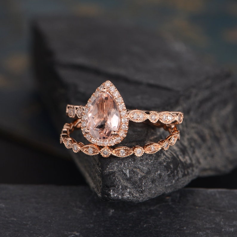 Art Deco Morganite Engagement Ring Rose Gold Bridal Set Pear Shaped ...