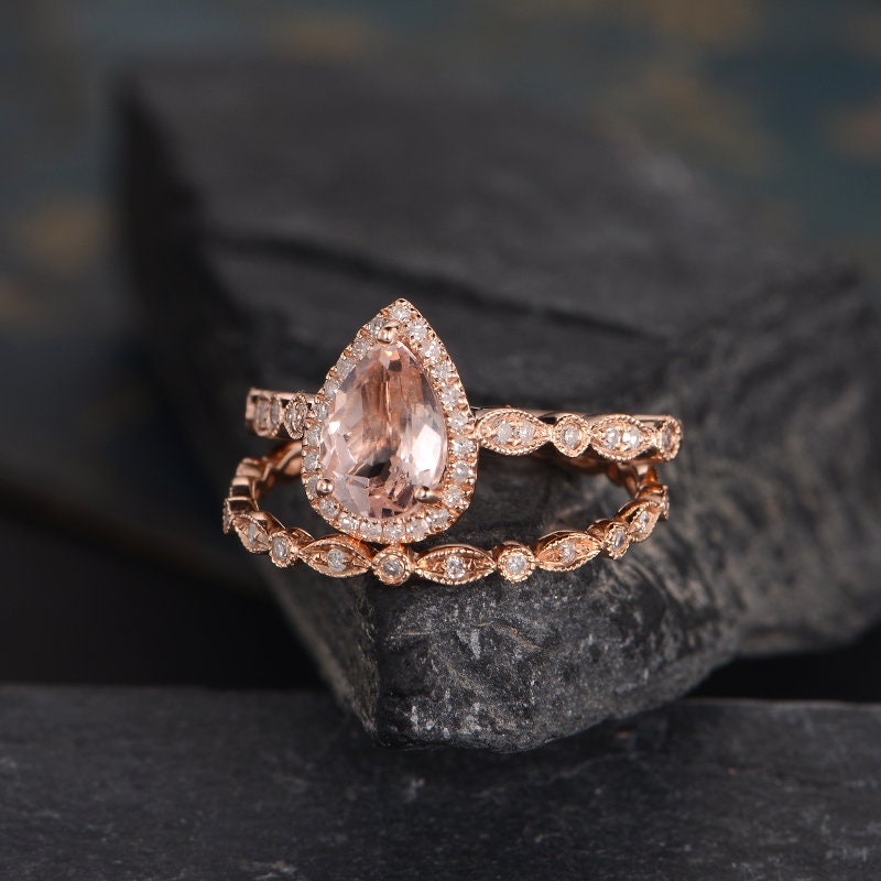 Art Deco Morganite Engagement Ring Rose Gold Bridal Set Pear | Etsy