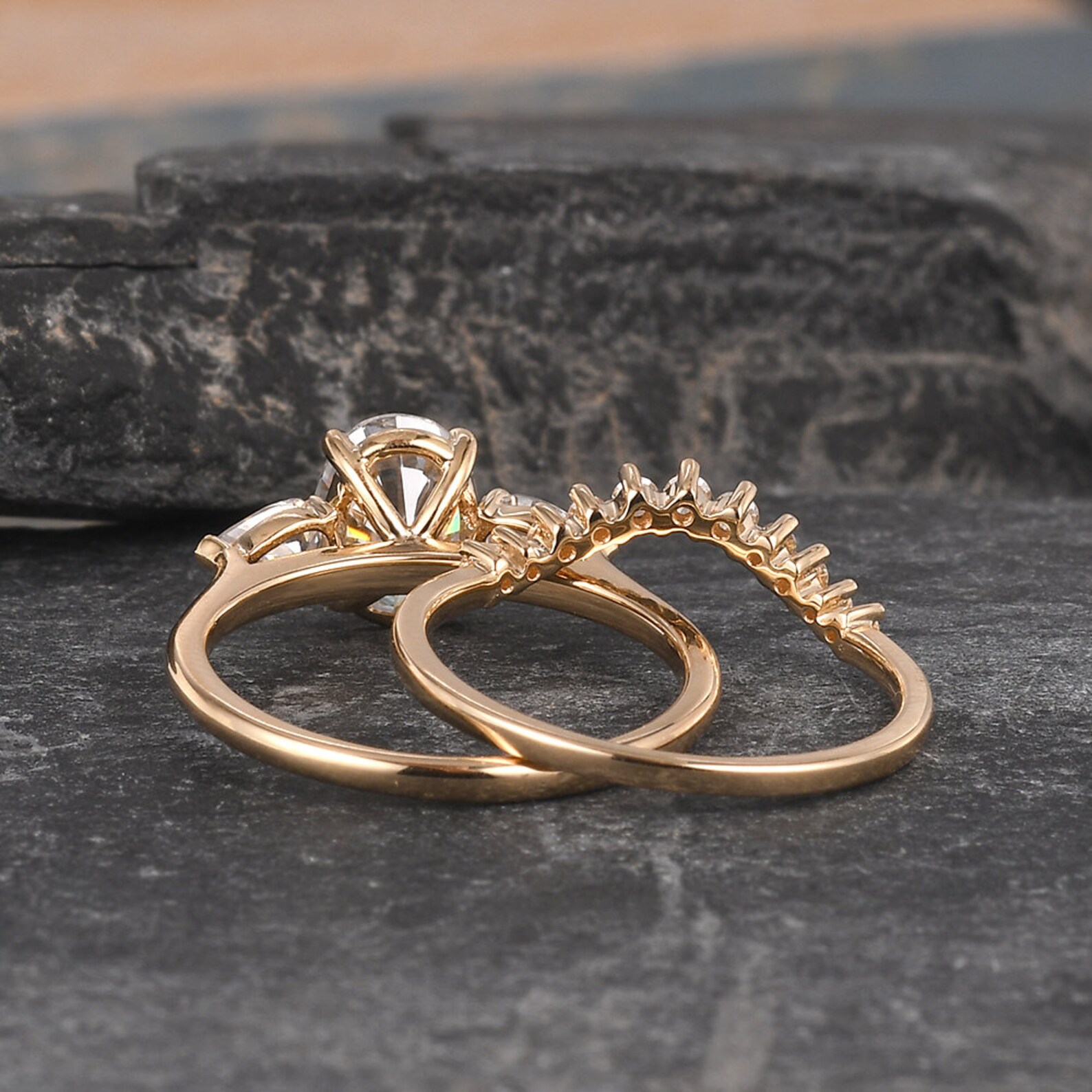 Oval Cut Bridal Set Yellow Gold Moissanite Engagement Ring Set Pear ...