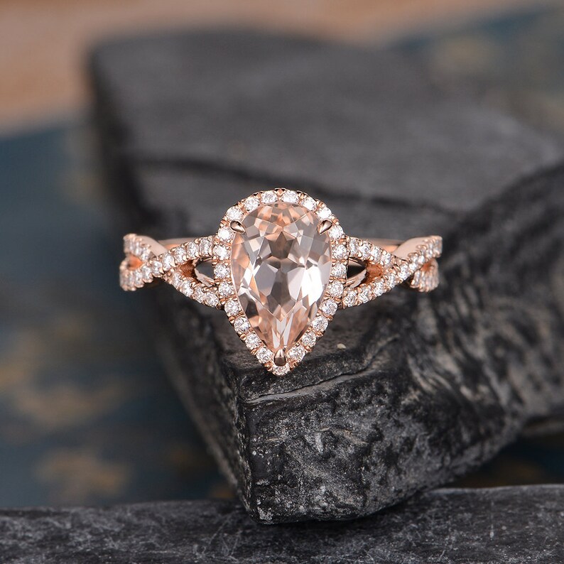 Pear Shaped Morganite Engagement Ring Rose Gold Natural Diamond Halo ...
