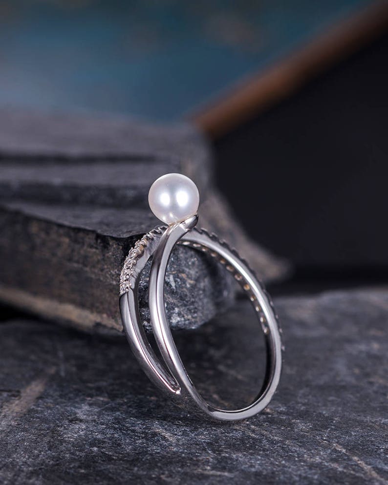 Pearl Wedding Band Diamond Unique Ring White Gold