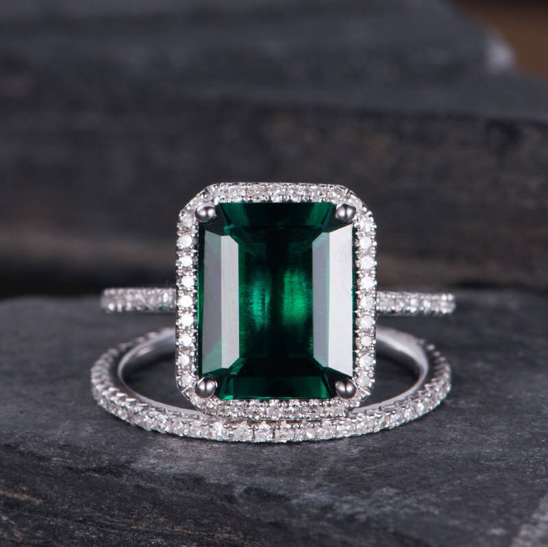 3CT Lab Emerald Engagement Ring Set White Gold Emerald Cut Etsy