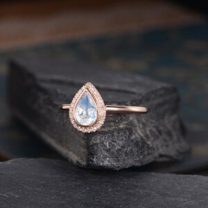 Moonstone Engagement Ring Rose Gold Pear Shaped Ring Bridal Diamond Halo Women Antique Ring Anniversary Gift Bezel Set Eternity Tear image 2