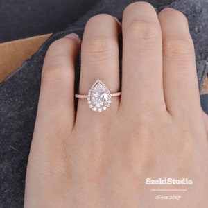 Carat Choice Pear Cut Moissanite Engagement Ring Halo Vintage White Gold Tear Drop Ring Clusters Ring Art Deco Gift For Her Precious Gift image 5