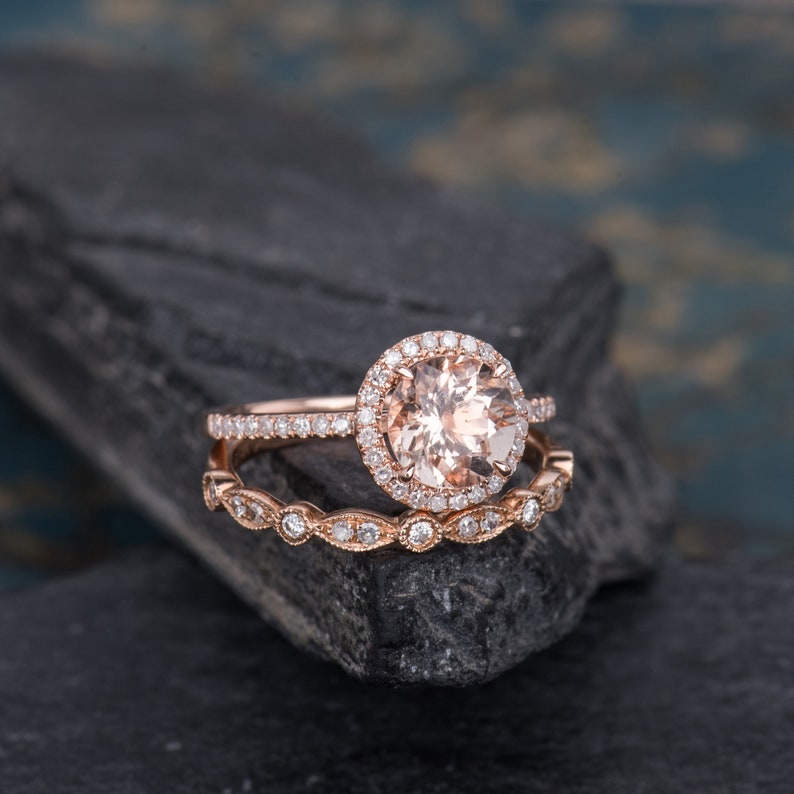Rose Gold Morganite Engagement Ring Bridal Set Halo Diamond | Etsy