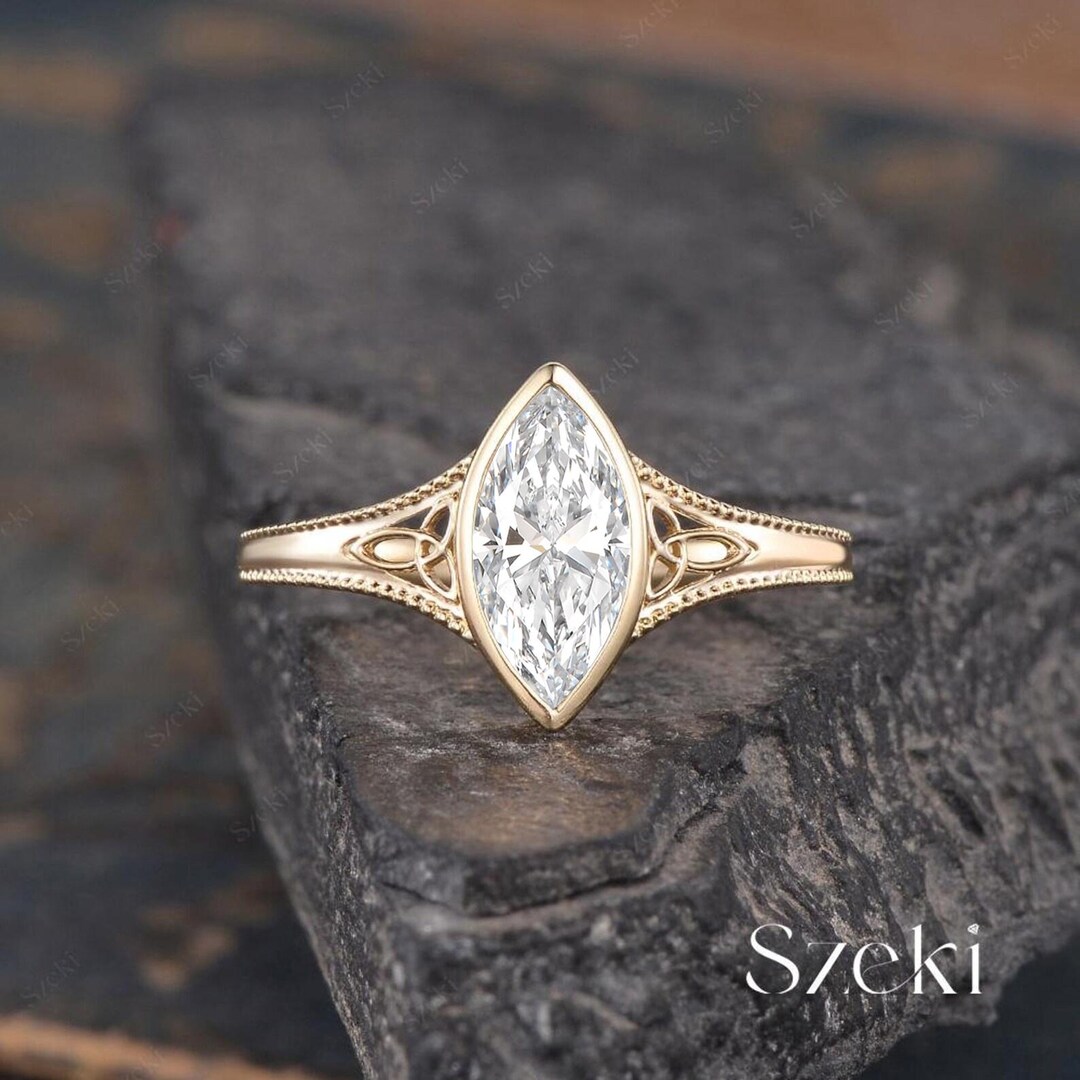 Vintage Marquise Cut Lab Grown Diamond Engagement Ring Yellow Gold ...