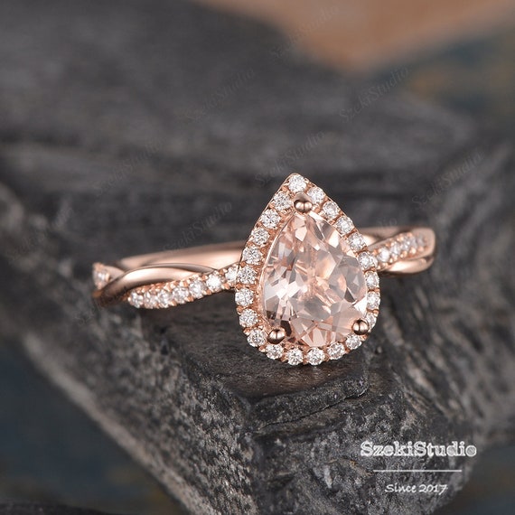 Anillo de compromiso de morganita infinita Anillo de compromiso de oro rosa Boda Halo Diamante Media eternidad Banda Mujeres Lagrima Gota Aniversario Regalo Etsy Espana