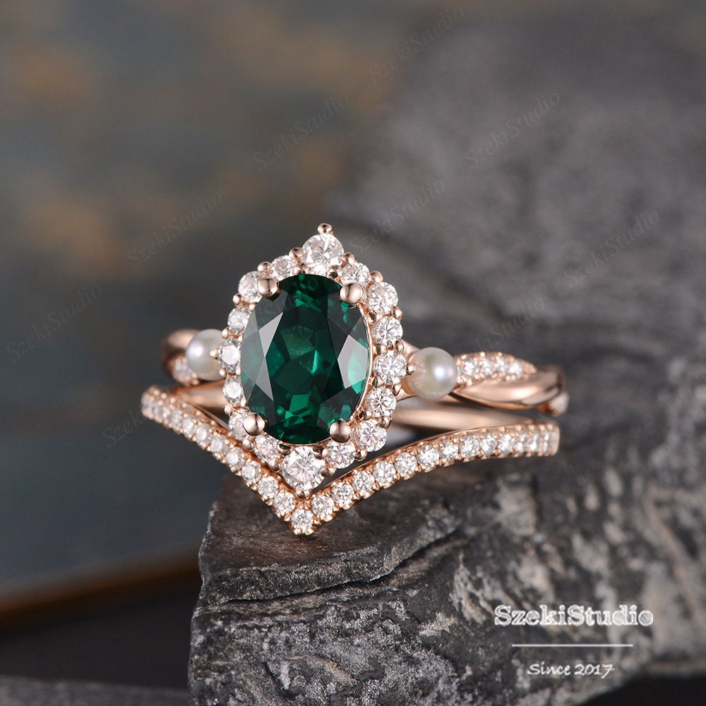 Pearl Emerald Bridal Set Rose Gold Engagement Ring Set Women Oval Cut Lab Emerald Halo Diamond Infinity 2 Wedding Ring Set Jewelry Etsy