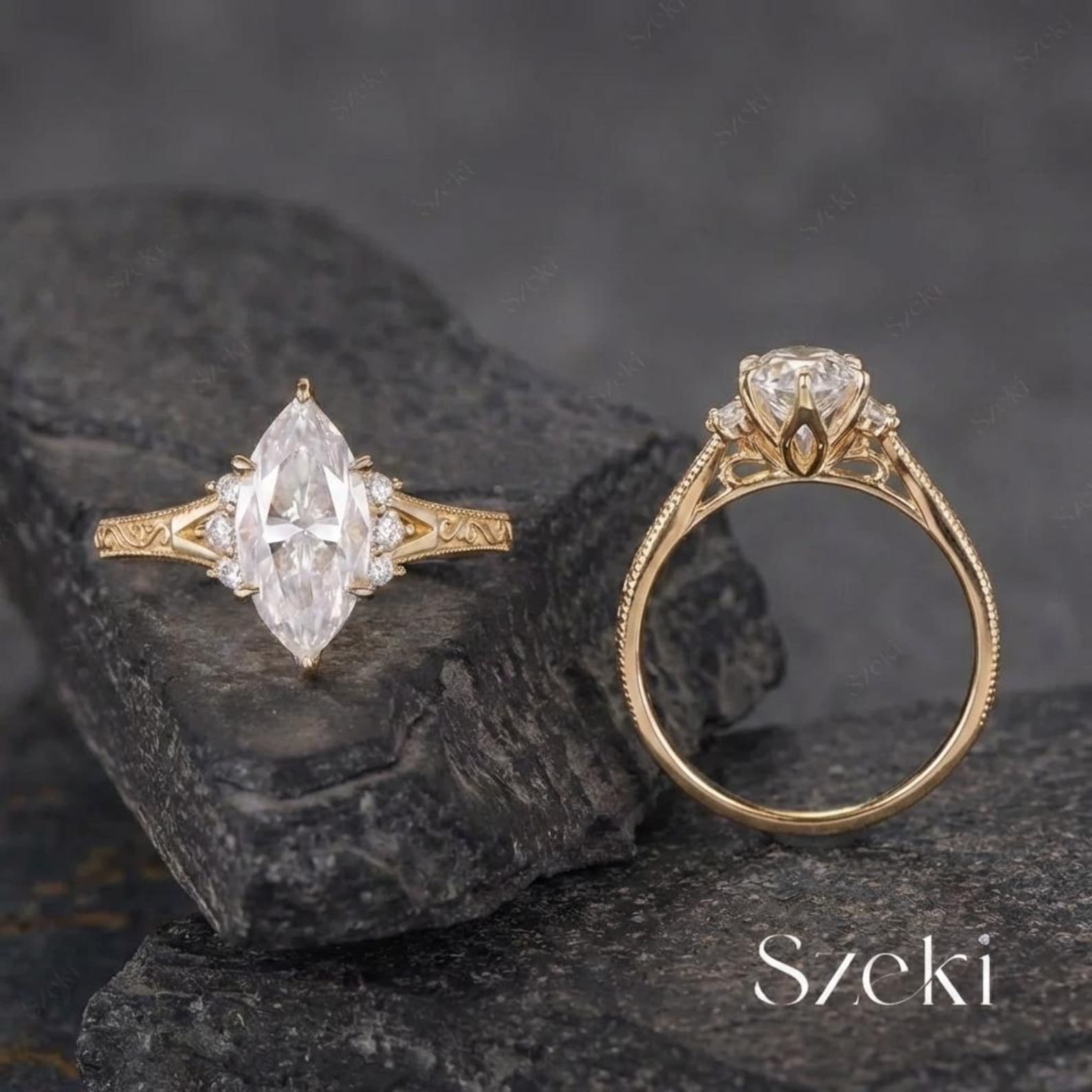 Vintage Marquise Cut Moissanite Tulip Engagement Ring Yellow Gold ...