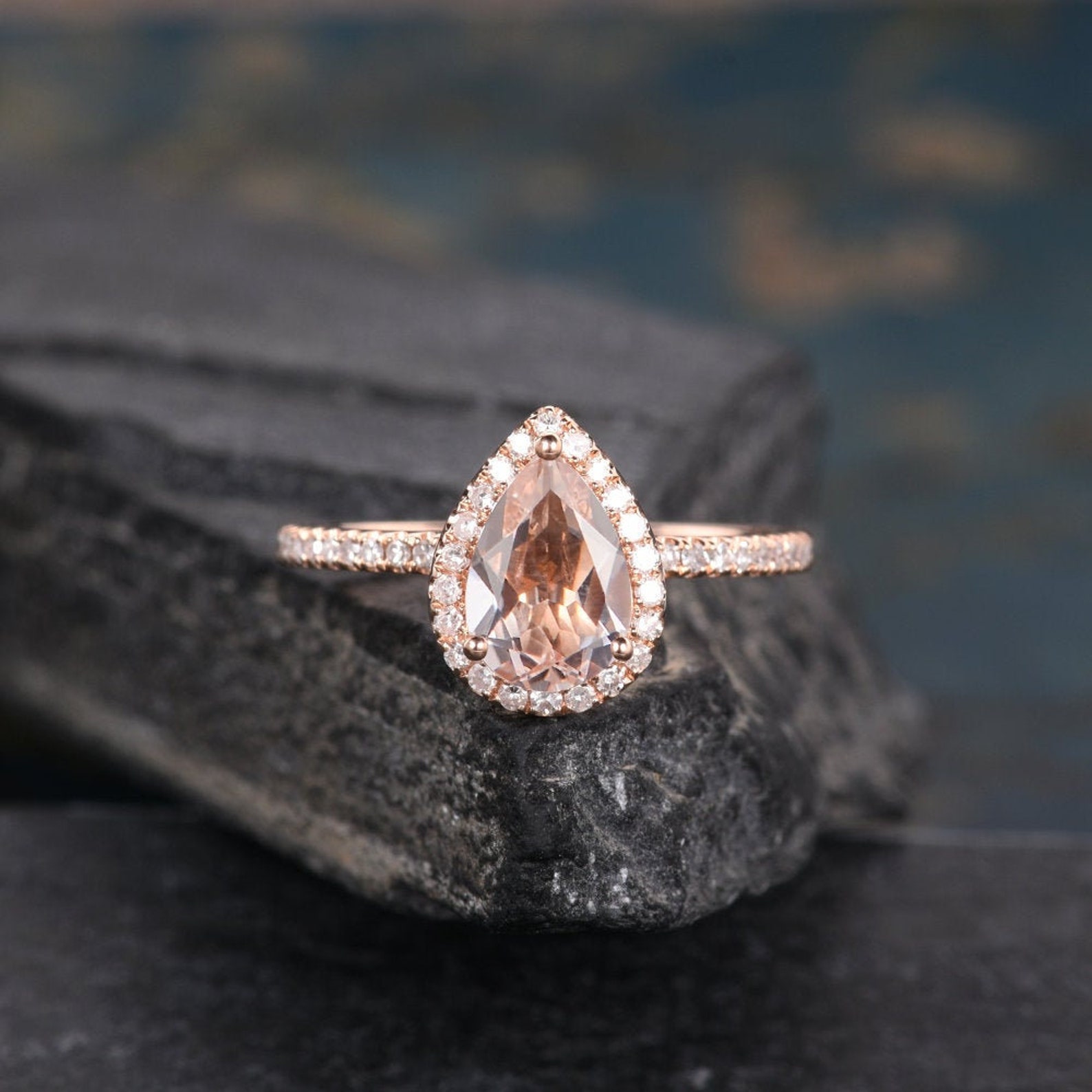 Pear Shaped Morganite Ring Rose Gold Engagement Ring Wedding Halo ...