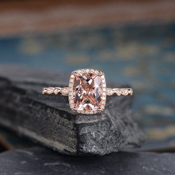 Rose Gold Morganite Engagement Ring Cushion Cut Diamond Halo Art