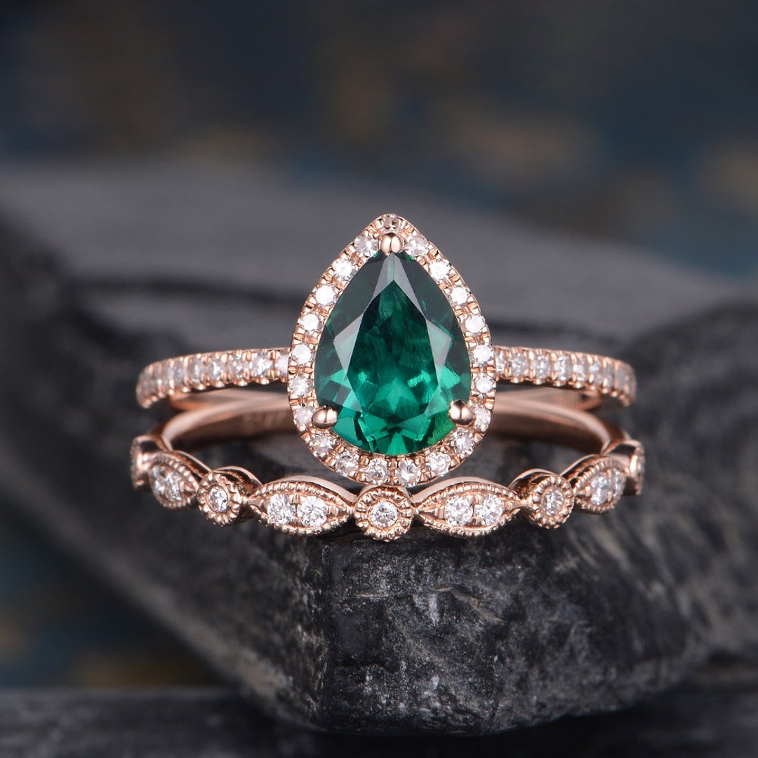 Lab Emerald Engagement Ring Set Bridal Sets Pear Shaped Rose - Etsy