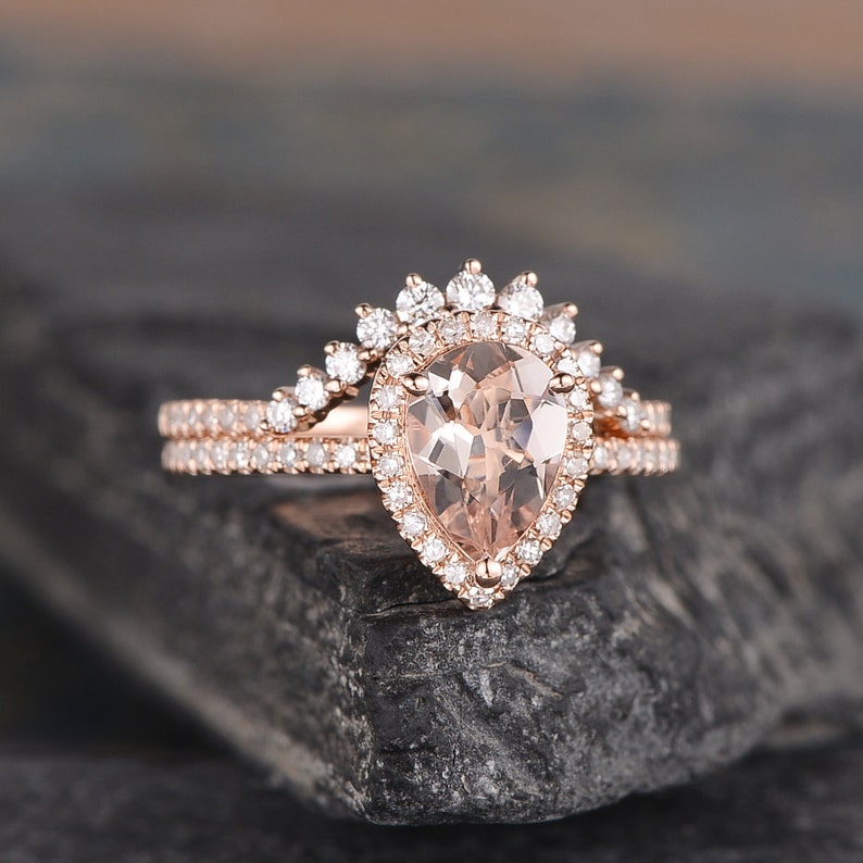 6x8mm Pear Shaped Morganite Bridal Set Rose Gold Engagement - Etsy