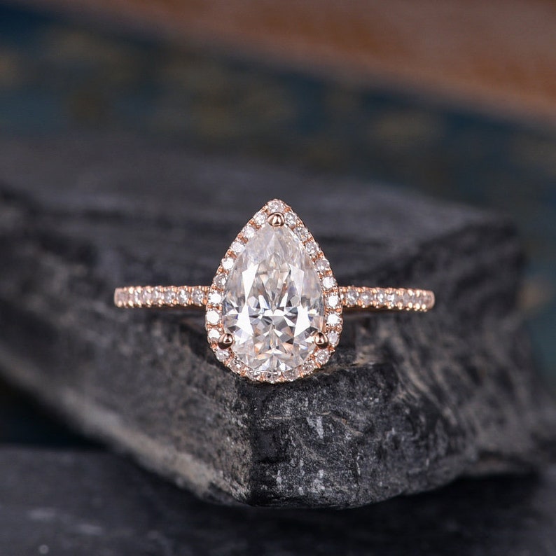 Rose Gold Moissanite Engagement Ring Pear Shaped 6X9mm