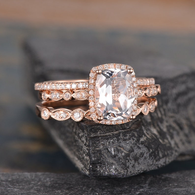 Art Deco White Topaz Engagement Ring Set Rose Gold Cushion Cut | Etsy