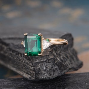 Emerald Cut Emerald Engagement Ring Rose Gold Trillion Cut Lab Emerald ...