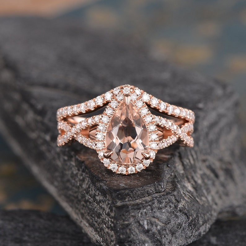 Pear Shaped Morganite Engagement Ring Set Rose Gold Natural - Etsy