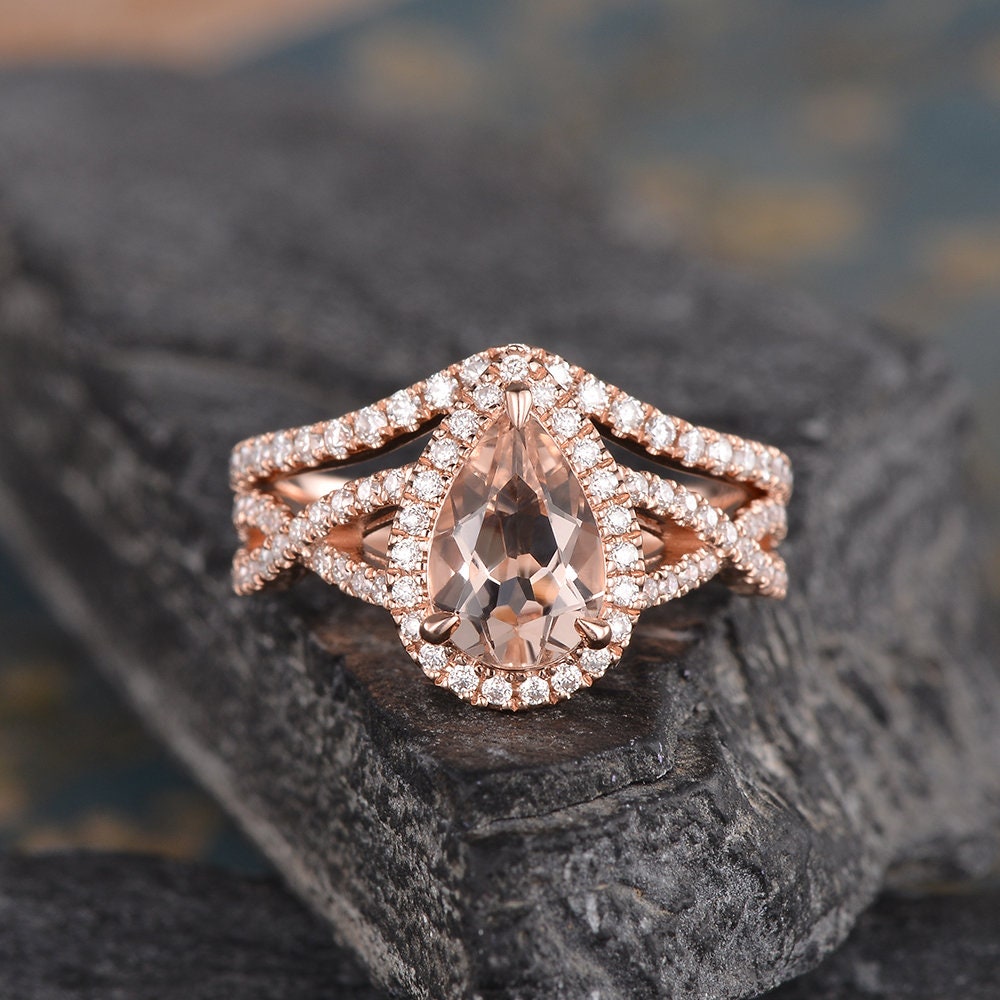 Pear Shaped Morganite Engagement Ring Set Rose Gold Natural Diamond ...