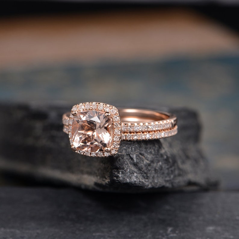 Morganite Engagement Ring Bridal Set Rose Gold Cushion Cut | Etsy