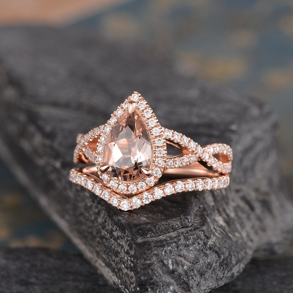 Pear Shaped Morganite Engagement Ring Set Rose Gold Natural | Etsy