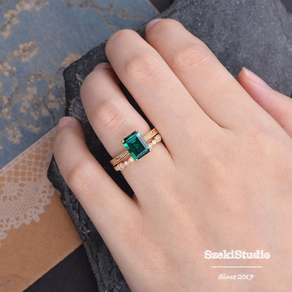 Art Deco Emerald Engagement Ring Set Engraved Milgrain Band
